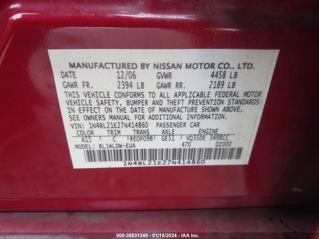 2007 NISSAN ALTIMA 3.5 SE VIN: 1N4BL21E27N414860