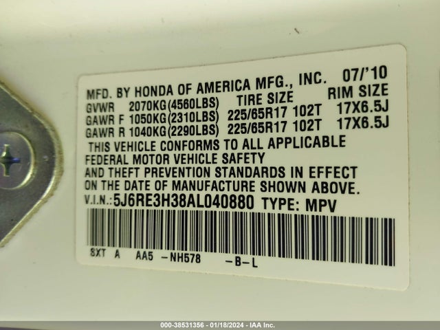 2010 HONDA CR-V LX VIN: 5J6RE3H38AL040880