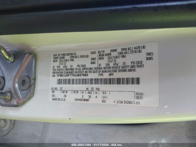 1FMCU0F77KUB57800 Ford ESCAPE S