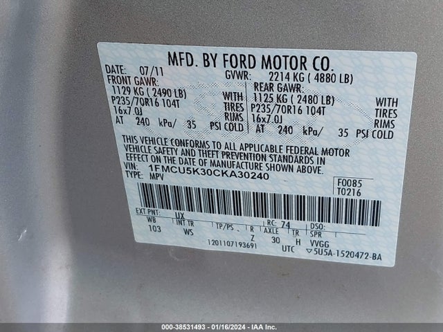 2012 FORD ESCAPE HYBRID VIN: 1FMCU5K30CKA30240