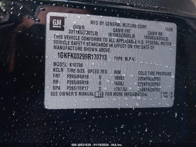 2009 GMC YUKON DENALI VIN: 1GKFK03299R170713
