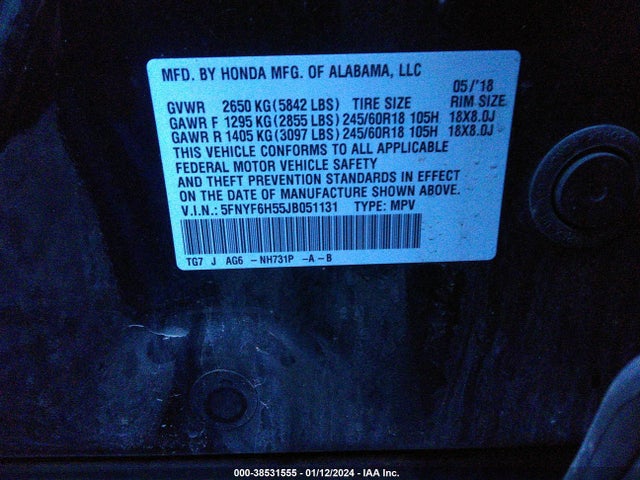 Honda PILOT EXL 2018 5FNYF6H55JB051131 Image 9