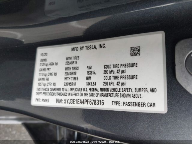 5YJ3E1EA4PF678316 Tesla Model 3 Rear-wheel Drive