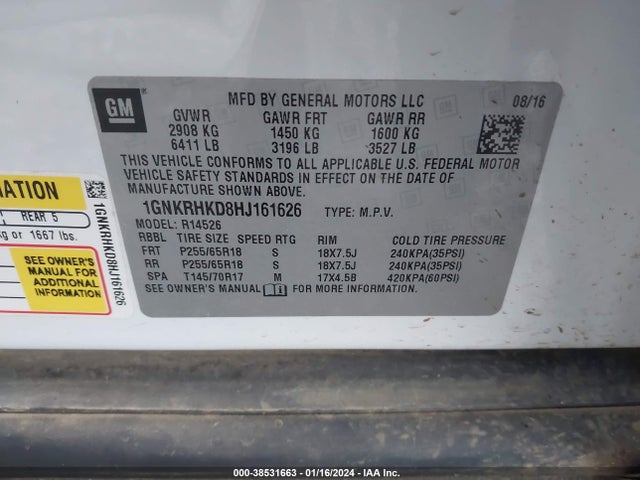 Chevrolet Traverse 2lt 2017 1GNKRHKD8HJ161626 Image 9