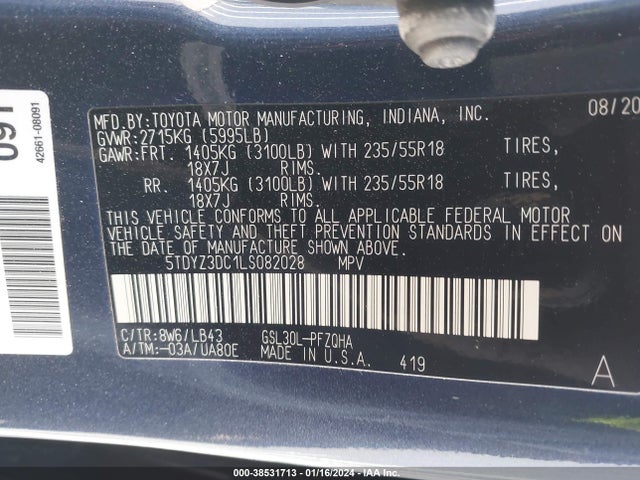 2020 TOYOTA SIENNA LIMITED PREMIUM VIN: 5TDYZ3DC1LS082028