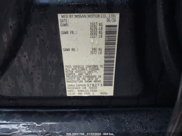 1N4AL3APXGN378273 Nissan Altima 2.5/2.5 S/2.5 Sl/2.5 Sr/2.5 Sv
