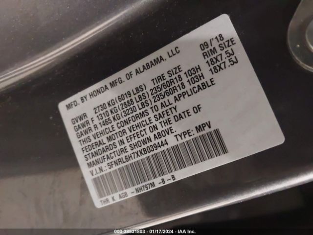 5FNRL6H7XKB039444 Honda Odyssey Ex-l