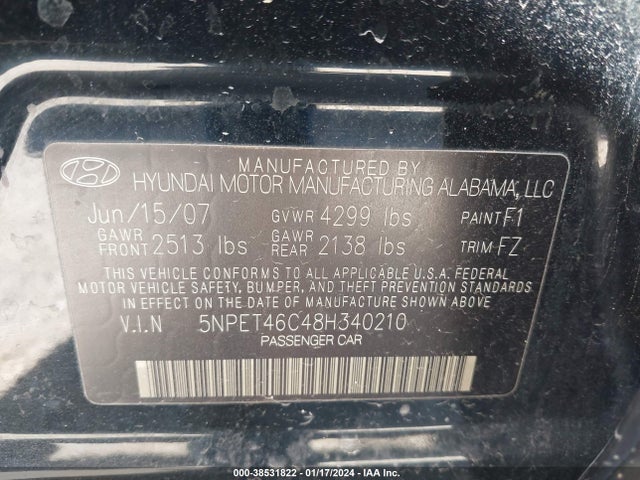 2008 HYUNDAI SONATA GLS VIN: 5NPET46C48H340210