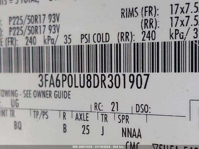 2013 FORD FUSION HYBRID SE VIN: 3FA6P0LU8DR301907