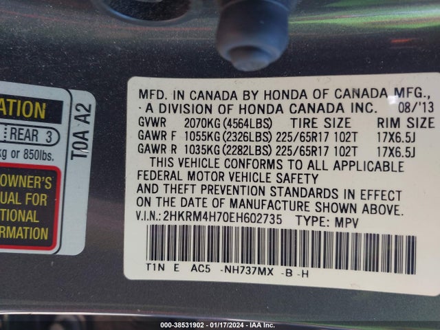 Honda Cr-v Ex-l 2014 2HKRM4H70EH602735 Image 9