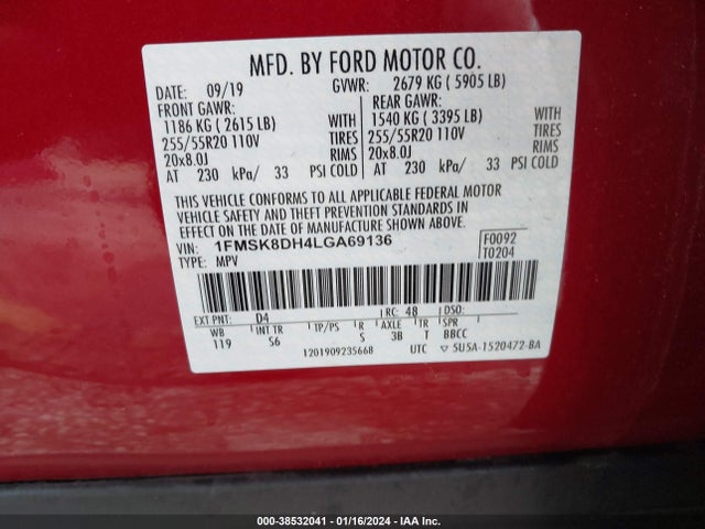 2020 FORD EXPLORER XLT VIN: 1FMSK8DH4LGA69136