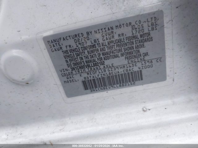 3N1CN8EV9LL882152 Nissan Versa Sv Xtronic Cvt