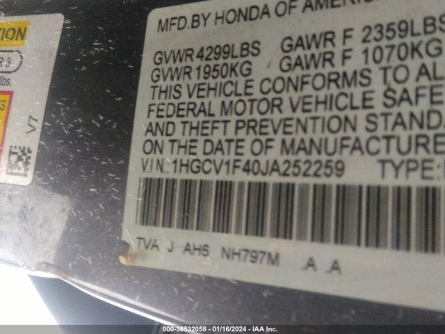 Honda ACCORD EX 2018 1HGCV1F40JA252259 Image 9