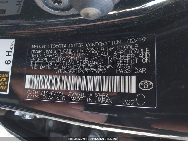 Toyota PRIUS XLE 2019 JTDKARFU2K3075952 Image 9
