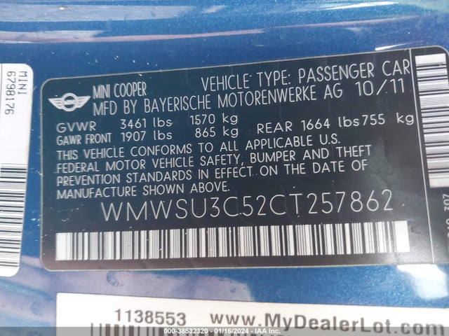 2012 MINI COOPER WMWSU3C52CT257862 Photo 8