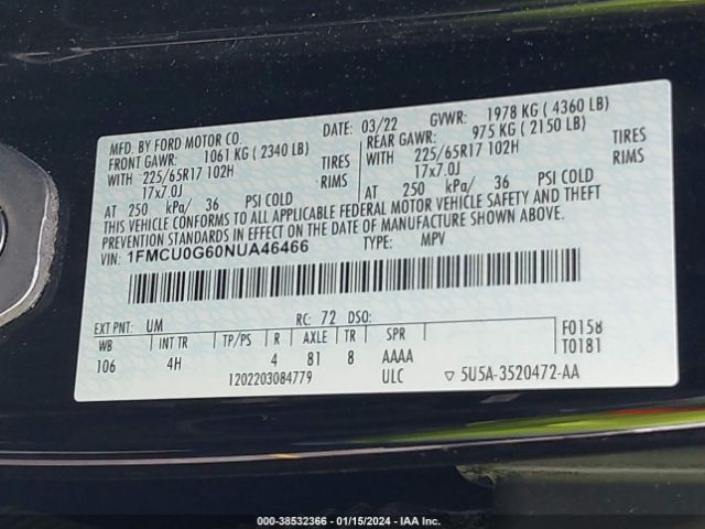1FMCU0G60NUA46466 Ford ESCAPE SE