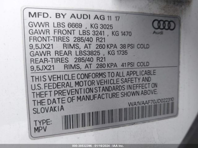 WA1VAAF70JD022310 Audi Q7 3.0t Premium