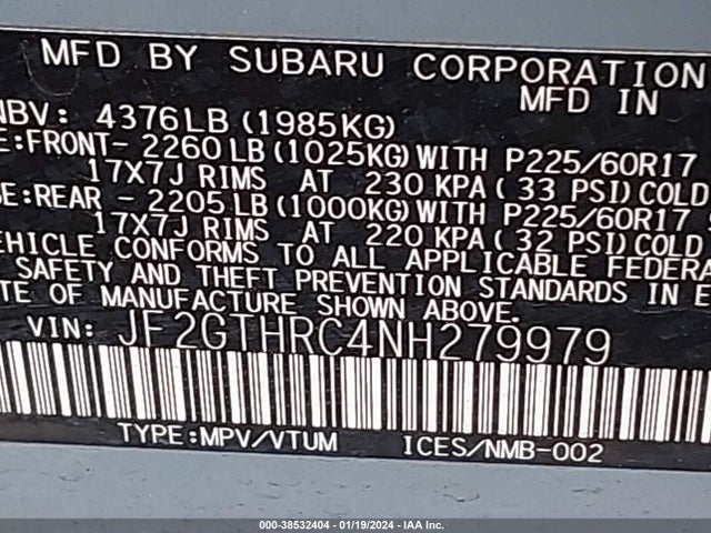Продаж на аукціоні авто 2022 Subaru Crosstrek Sport, vin: JF2GTHRC4NH279979, номер лоту: 38532404