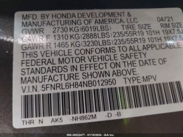 5FNRL6H84NB012950 Honda Odyssey Touring