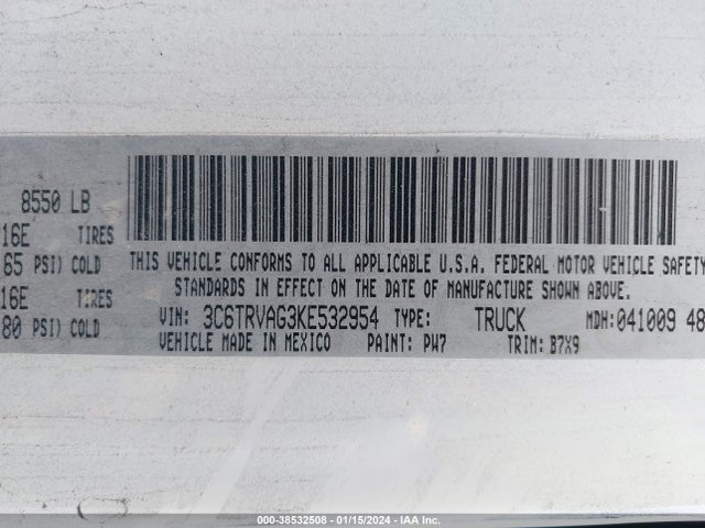 3C6TRVAG3KE532954 RAM Promaster 1500 Low Roof 136 Wb