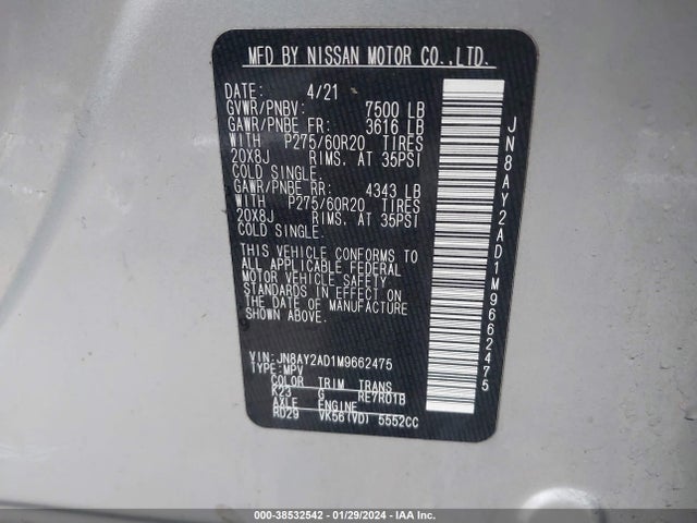Nissan Armada Sv 4wd 2021 JN8AY2AD1M9662475 Image 9
