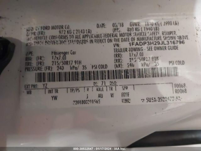 1FADP3H29JL316796 Ford FOCUS SEL
