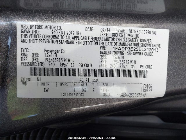 2014 FORD FOCUS S VIN: 1FADP3E25EL312013