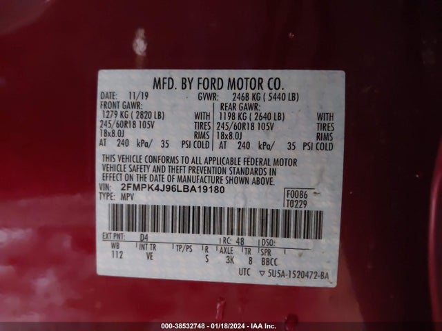 2020 FORD EDGE SEL VIN: 2FMPK4J96LBA19180