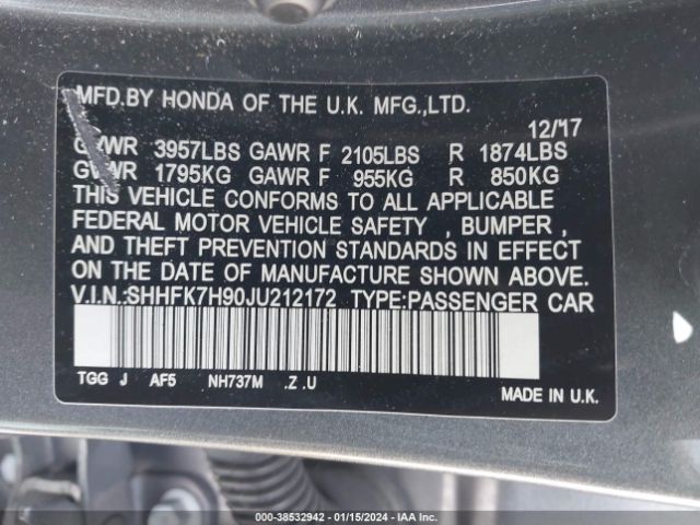 SHHFK7H90JU212172 Honda Civic Sport Touring