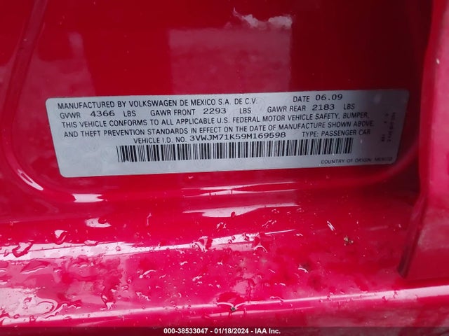 2009 VOLKSWAGEN JETTA S VIN: 3VWJM71K59M169598