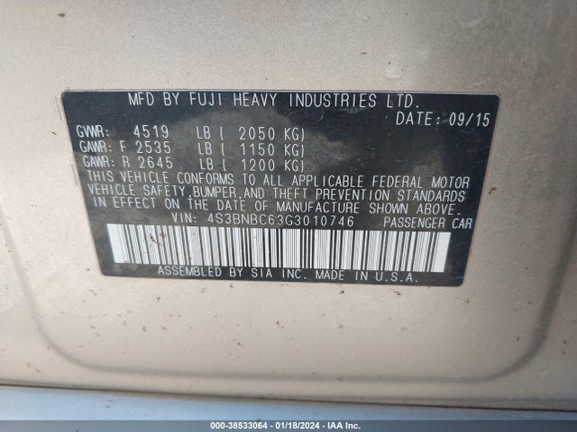 Subaru Legacy 2.5i Premium 2016 4S3BNBC63G3010746 Image 9