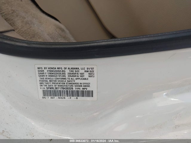2007 HONDA ODYSSEY EX-L VIN: 5FNRL38717B430326