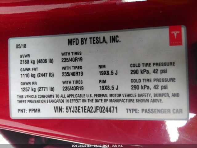 5YJ3E1EA2JF024471 Tesla Model 3 Long Range/mid Range