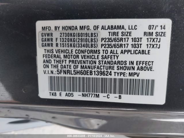 5FNRL5H60EB139624 Honda Odyssey Ex-l
