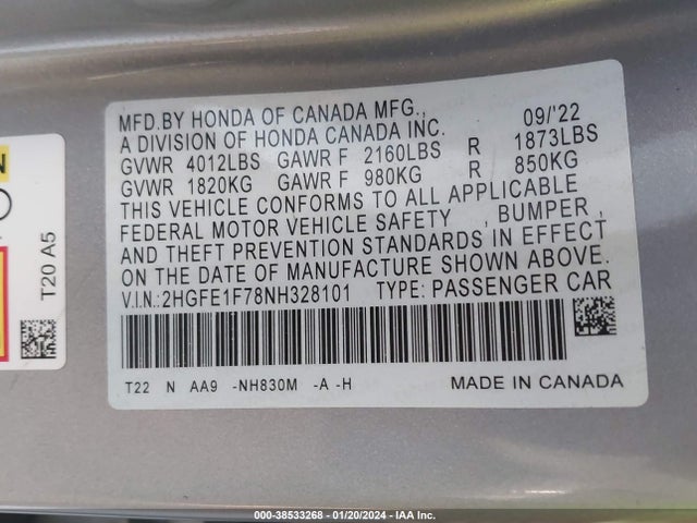 Honda CIVIC EX 2022 2HGFE1F78NH328101 Image 9