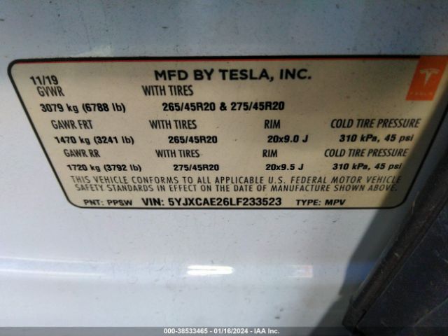 5YJXCAE26LF233523 Tesla Model X Long Range Dual Motor All-wheel Drive/long Range Plus Dual Motor All-wheel Drive