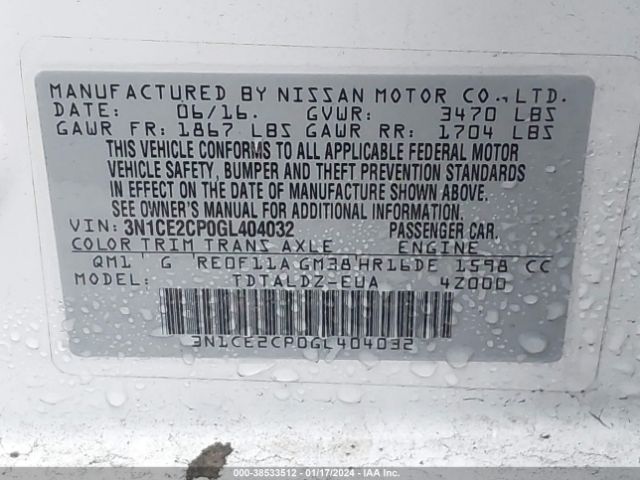 3N1CE2CP0GL404032 Nissan Versa Note S (sr)/s Plus/sl/sr/sv
