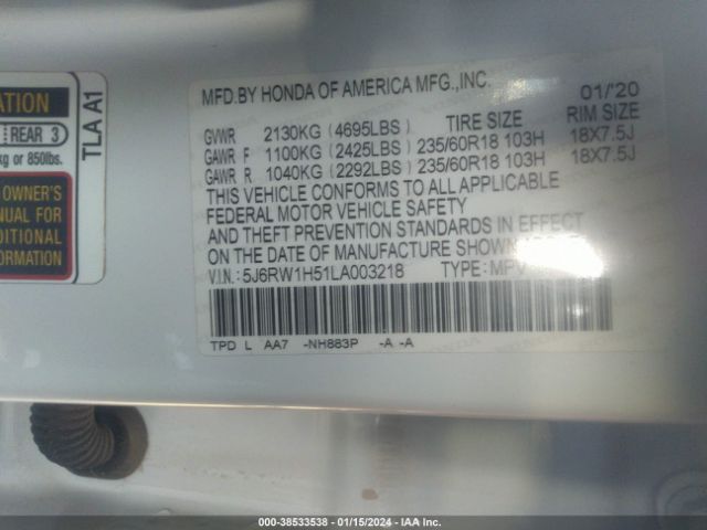 5J6RW1H51LA003218 Honda Cr-v 2wd Ex