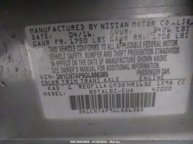3N1CN7AP9GL886385 Nissan Versa 1.6 Sv