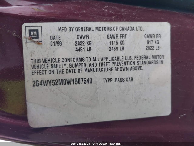 1998 BUICK CENTURY LIMITED CMI VIN: 2G4WY52M0W1507540
