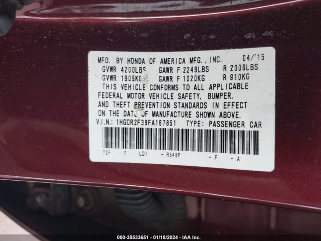 Honda ACCORD LX 2015 1HGCR2F39FA167851 Image 9