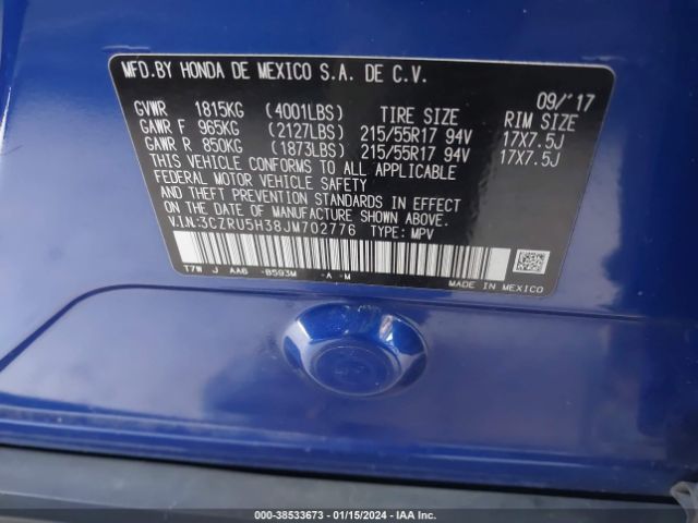 3CZRU5H38JM702776 Honda HR-V LX