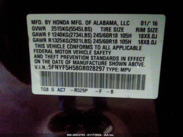 5FNYF5H58GB028297 Honda Pilot Ex-l