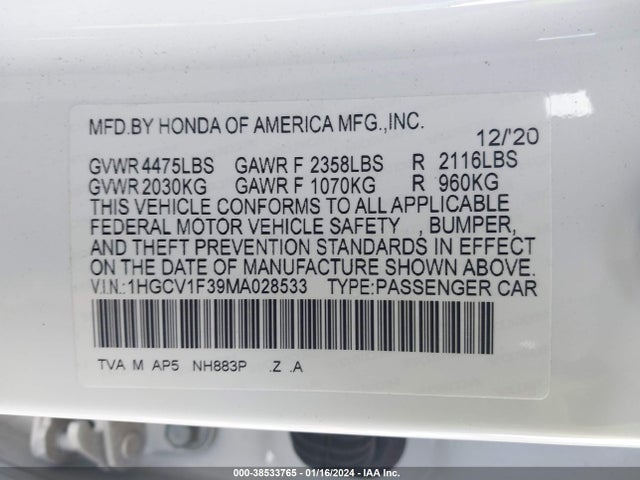 2021 HONDA ACCORD SPORT VIN: 1HGCV1F39MA028533