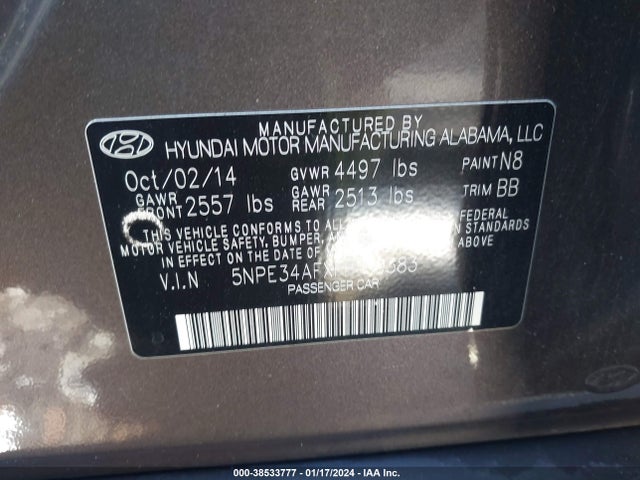 Hyundai Sonata Limited 2015 5NPE34AFXFH100383 Image 9
