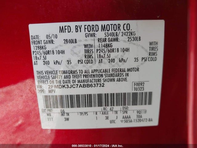 2010 FORD EDGE SEL VIN: 2FMDK3JC7ABB63732