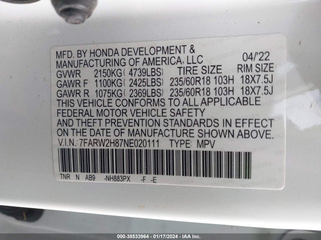 Honda Cr-v Awd Ex-l 2022 7FARW2H87NE020111 Image 9