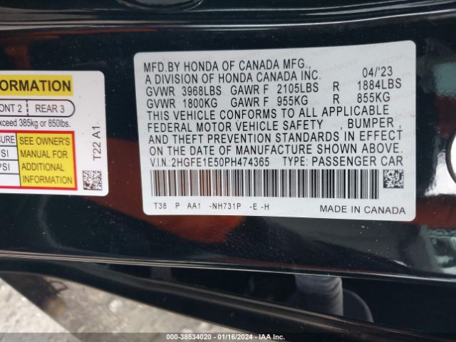 2HGFE1E50PH474365 Honda CIVIC SI SEDAN