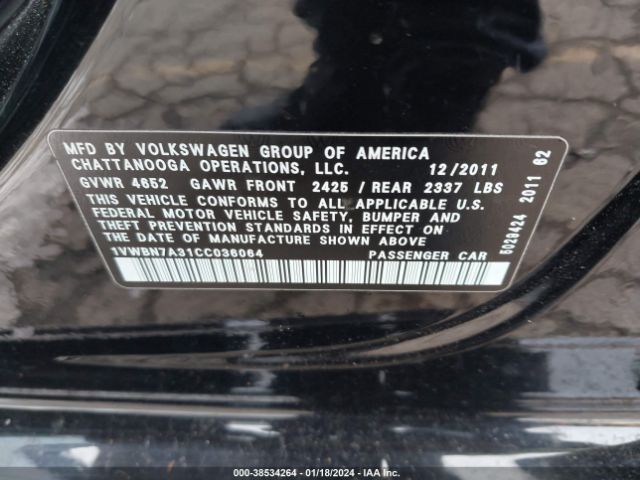 2012 VOLKSWAGEN PASSAT 1VWBN7A31CC036064 Photo 8