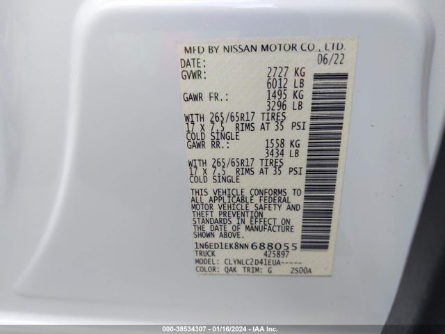 Nissan Frontier Sv 4x4 2022 1N6ED1EK8NN688055 Image 9